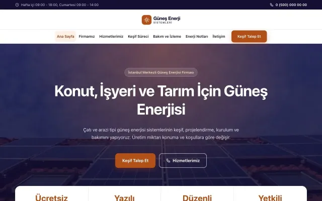 Merkez Lacivert Turuncu – Enerji ve Güneş Web Sitesi ana sayfa görünümü