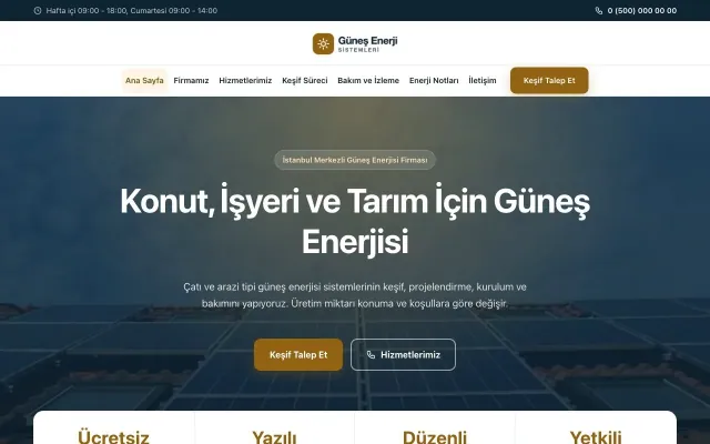 Merkez Mavi Turuncu – Enerji ve Güneş Web Sitesi ana sayfa görünümü