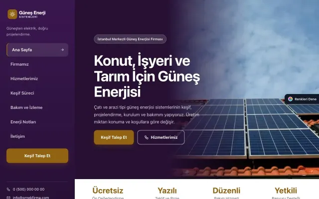 Enerji ve Güneş için Sol Menü Mor Turuncu – Enerji ve Güneş Web Sitesi ana sayfa görünümü