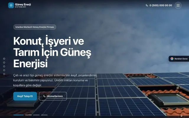 Enerji ve Güneş için Tam Ekran Lacivert Mavi – Enerji ve Güneş Web Sitesi ana sayfa görünümü