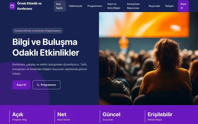 Etkinlik ve Konferans için Blok Lacivert Mor – Etkinlik ve Konferans Web Sitesi ana sayfa görünümü