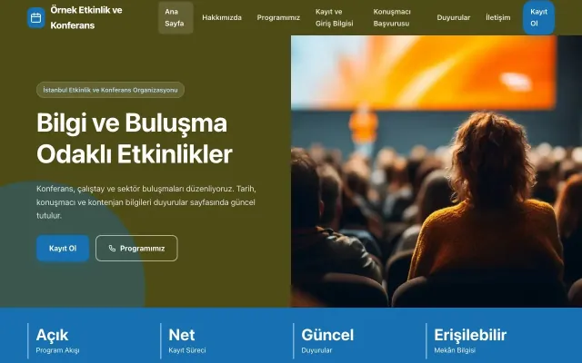 Etkinlik ve Konferans için Blok Zeytin Mavi – Etkinlik ve Konferans Web Sitesi ana sayfa görünümü