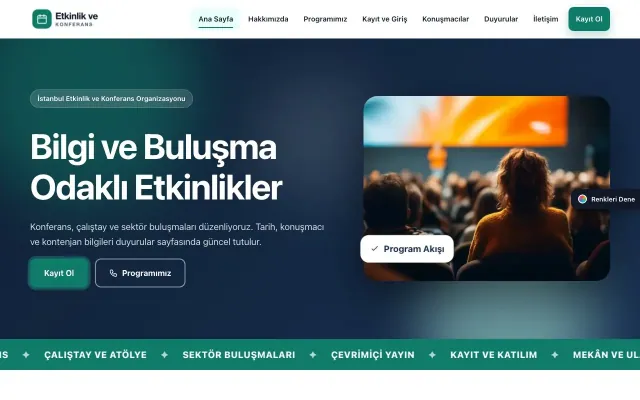 Etkinlik ve Konferans için Hareketli Mavi Turkuaz – Etkinlik ve Konferans Web Sitesi ana sayfa görünümü