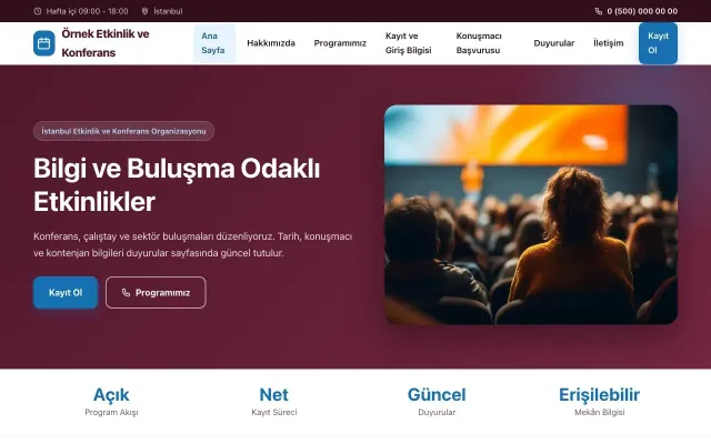 Etkinlik ve Konferans için Klasik Bordo Mavi – Etkinlik ve Konferans Web Sitesi ana sayfa görünümü