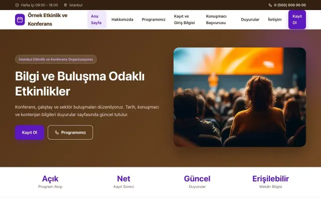 Etkinlik ve Konferans için Klasik Kahve Mor – Etkinlik ve Konferans Web Sitesi ana sayfa görünümü