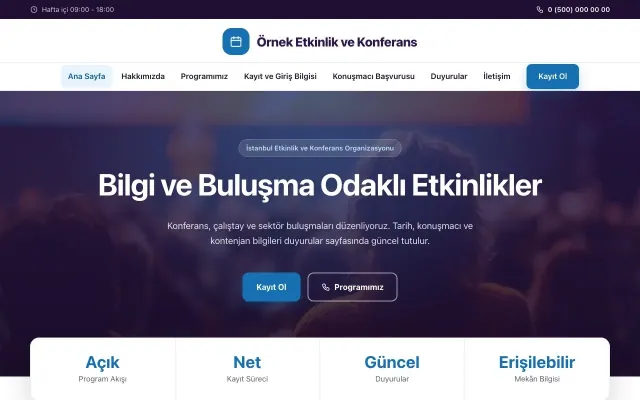 Etkinlik ve Konferans için Merkez Mor Mavi – Etkinlik ve Konferans Web Sitesi ana sayfa görünümü