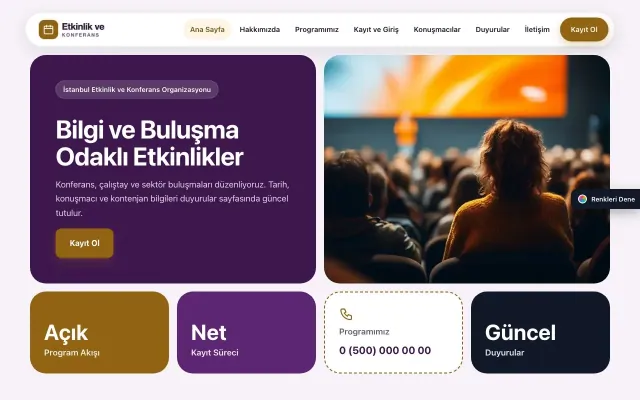 Etkinlik ve Konferans için Mozaik Mor Turuncu – Etkinlik ve Konferans Web Sitesi ana sayfa görünümü