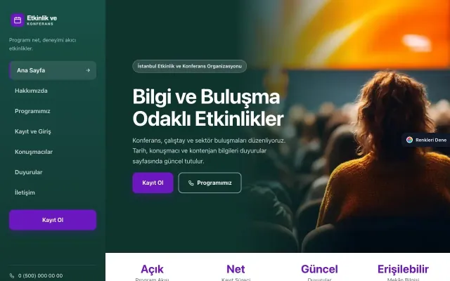 Etkinlik ve Konferans için Sol Menü Petrol Mor – Etkinlik ve Konferans Web Sitesi ana sayfa görünümü