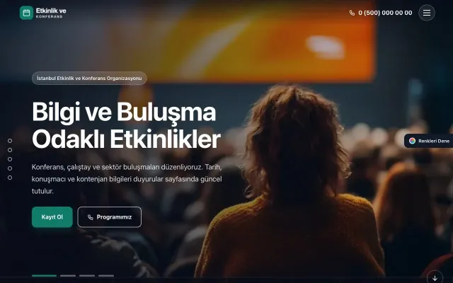 Etkinlik ve Konferans için Tam Ekran Mor Turkuaz – Etkinlik ve Konferans Web Sitesi ana sayfa görünümü