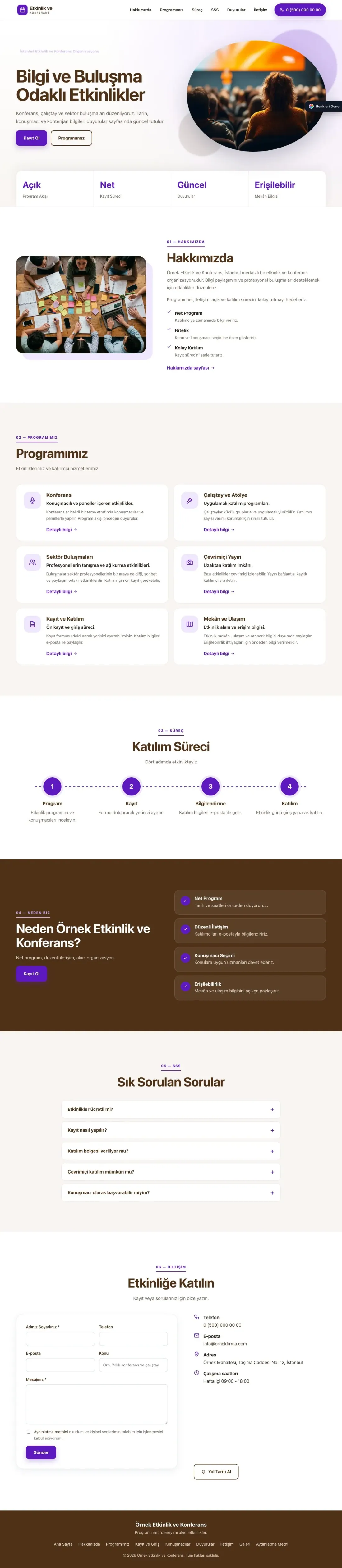 Etkinlik ve Konferans için Tek Sayfa Kahve Mor – Etkinlik ve Konferans Web Sitesi ana sayfa görünümü