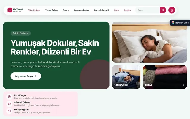 Ev Tekstili ve Dekor Mağazası için Bento Yeşil Pembe – Ev Tekstili ve Dekor Mağazası E-ticaret Sitesi ana sayfa görünümü