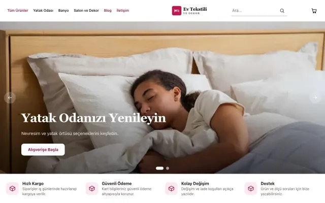 Ev Tekstili ve Dekor Mağazası için Butik Bordo Pembe – Ev Tekstili ve Dekor Mağazası E-ticaret Sitesi ana sayfa görünümü