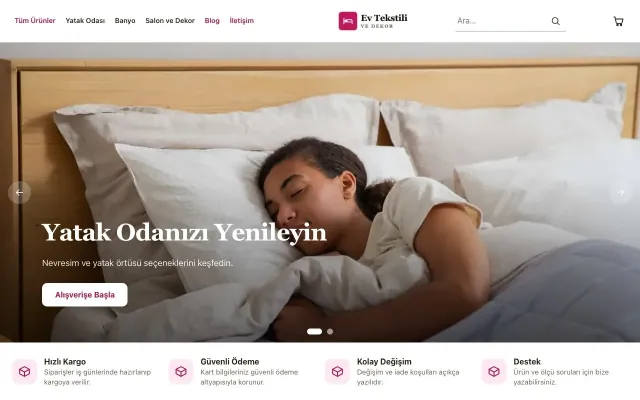 Ev Tekstili ve Dekor Mağazası için Butik Kahve Pembe – Ev Tekstili ve Dekor Mağazası E-ticaret Sitesi ana sayfa görünümü