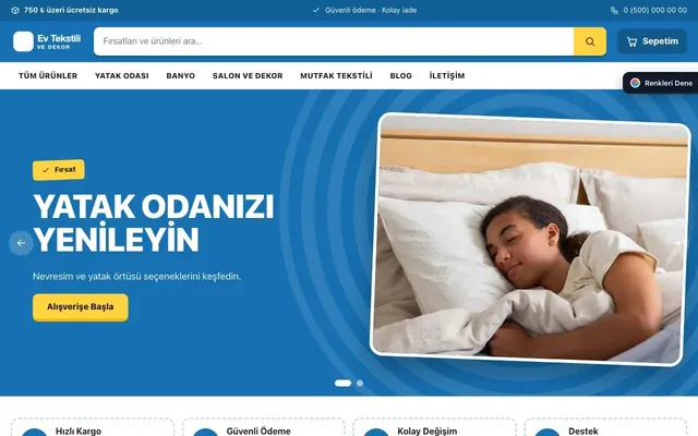Ev Tekstili ve Dekor Mağazası için Kampanya Bordo Mavi – Ev Tekstili ve Dekor Mağazası E-ticaret Sitesi ana sayfa görünümü