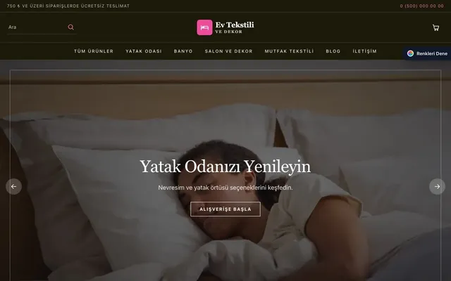 Ev Tekstili ve Dekor Mağazası için Koyu Lüks Zeytin Pembe – Ev Tekstili ve Dekor Mağazası E-ticaret Sitesi ana sayfa görünümü
