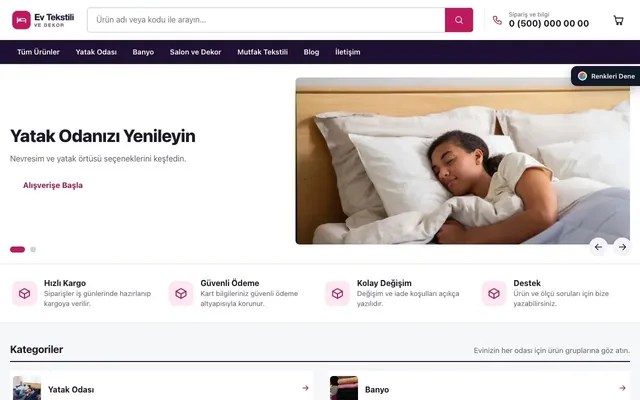 Ev Tekstili ve Dekor Mağazası için Liste Mor Pembe – Ev Tekstili ve Dekor Mağazası E-ticaret Sitesi ana sayfa görünümü