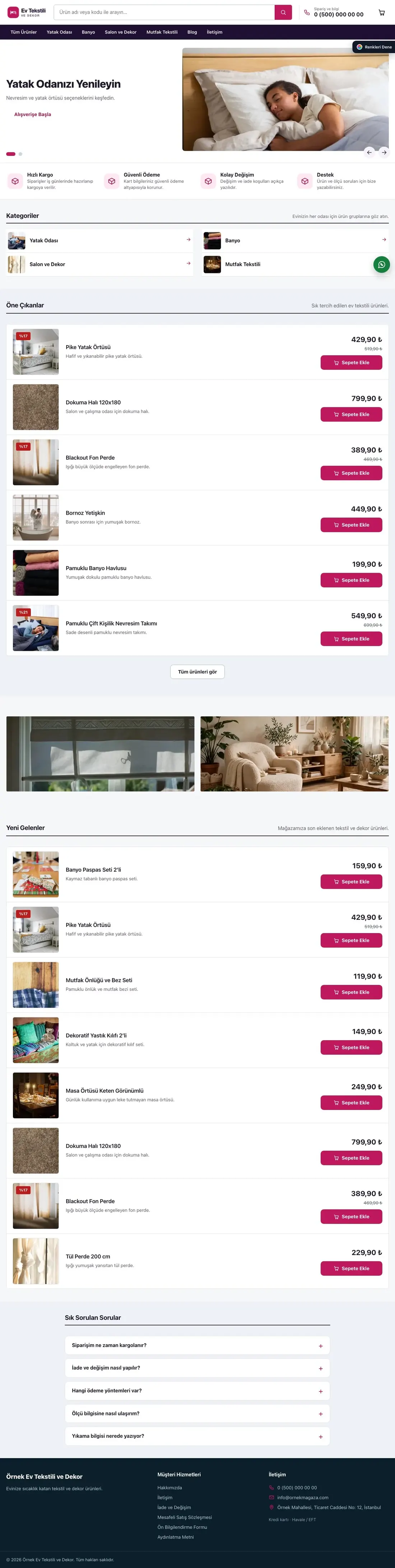 Ev Tekstili ve Dekor Mağazası için Liste Mor Pembe – Ev Tekstili ve Dekor Mağazası E-ticaret Sitesi ana sayfa görünümü