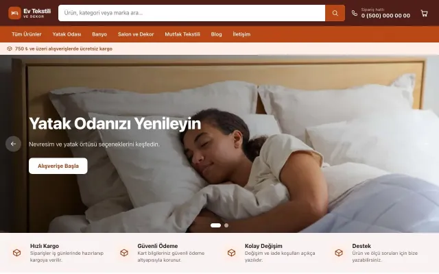 Ev Tekstili ve Dekor Mağazası için Market Bordo Turuncu – Ev Tekstili ve Dekor Mağazası E-ticaret Sitesi ana sayfa görünümü