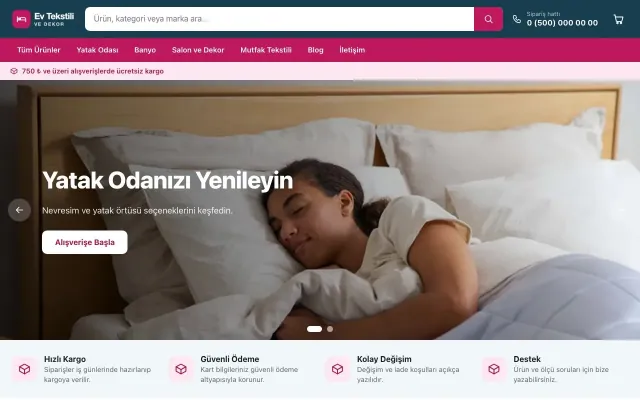 Ev Tekstili ve Dekor Mağazası için Market Mavi Pembe – Ev Tekstili ve Dekor Mağazası E-ticaret Sitesi ana sayfa görünümü