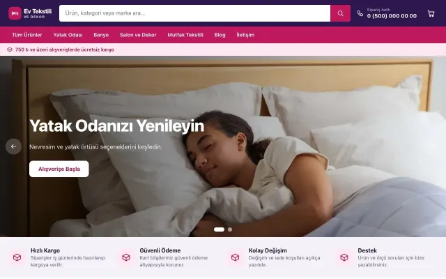 Ev Tekstili ve Dekor Mağazası için Market Mor Pembe – Ev Tekstili ve Dekor Mağazası E-ticaret Sitesi ana sayfa görünümü