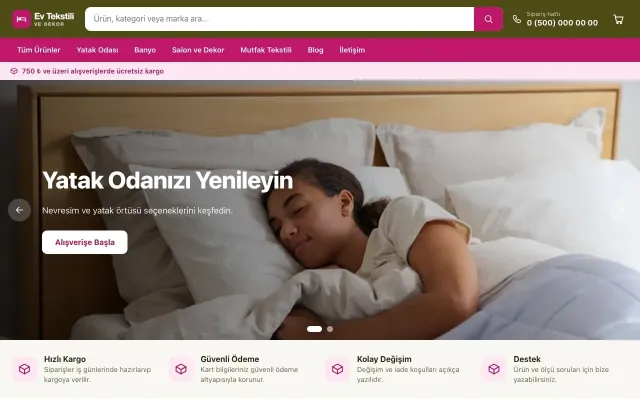 Ev Tekstili ve Dekor Mağazası için Market Zeytin Pembe – Ev Tekstili ve Dekor Mağazası E-ticaret Sitesi ana sayfa görünümü