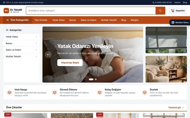Ev Tekstili ve Dekor Mağazası için Pazar Yeri Mavi Turuncu – Ev Tekstili ve Dekor Mağazası E-ticaret Sitesi ana sayfa görünümü