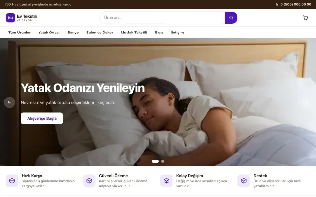 Ev Tekstili ve Dekor Mağazası için Vitrin Kahve Mor – Ev Tekstili ve Dekor Mağazası E-ticaret Sitesi ana sayfa görünümü