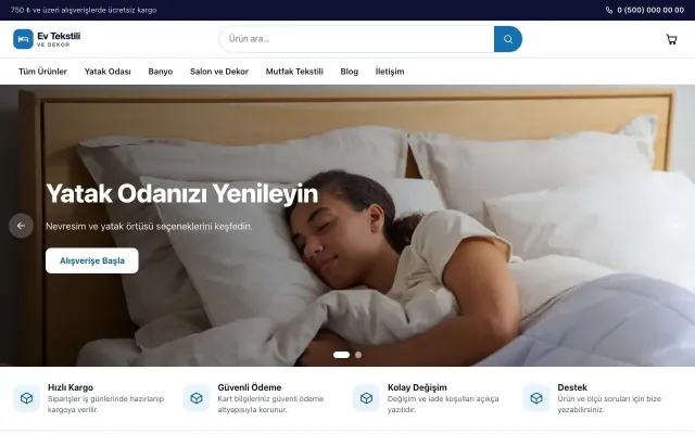 Ev Tekstili ve Dekor Mağazası için Vitrin Lacivert Mavi – Ev Tekstili ve Dekor Mağazası E-ticaret Sitesi ana sayfa görünümü