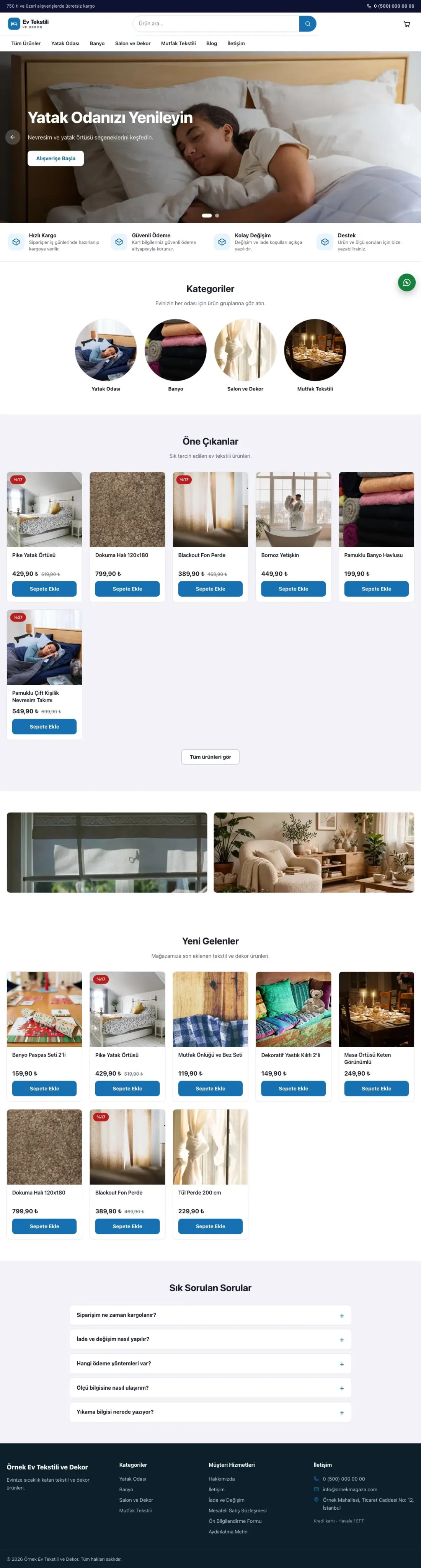 Ev Tekstili ve Dekor Mağazası için Vitrin Lacivert Mavi – Ev Tekstili ve Dekor Mağazası E-ticaret Sitesi ana sayfa görünümü