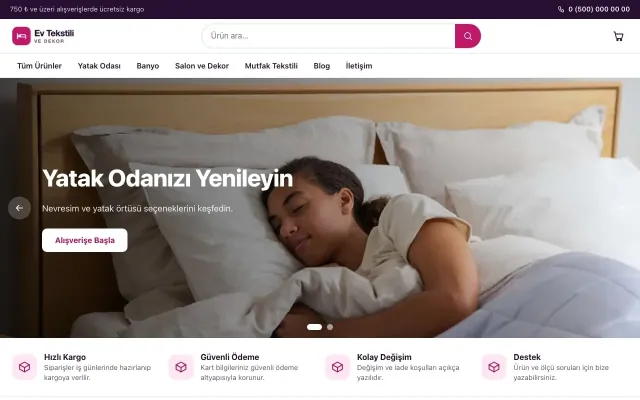 Ev Tekstili ve Dekor Mağazası için Vitrin Mor Pembe – Ev Tekstili ve Dekor Mağazası E-ticaret Sitesi ana sayfa görünümü