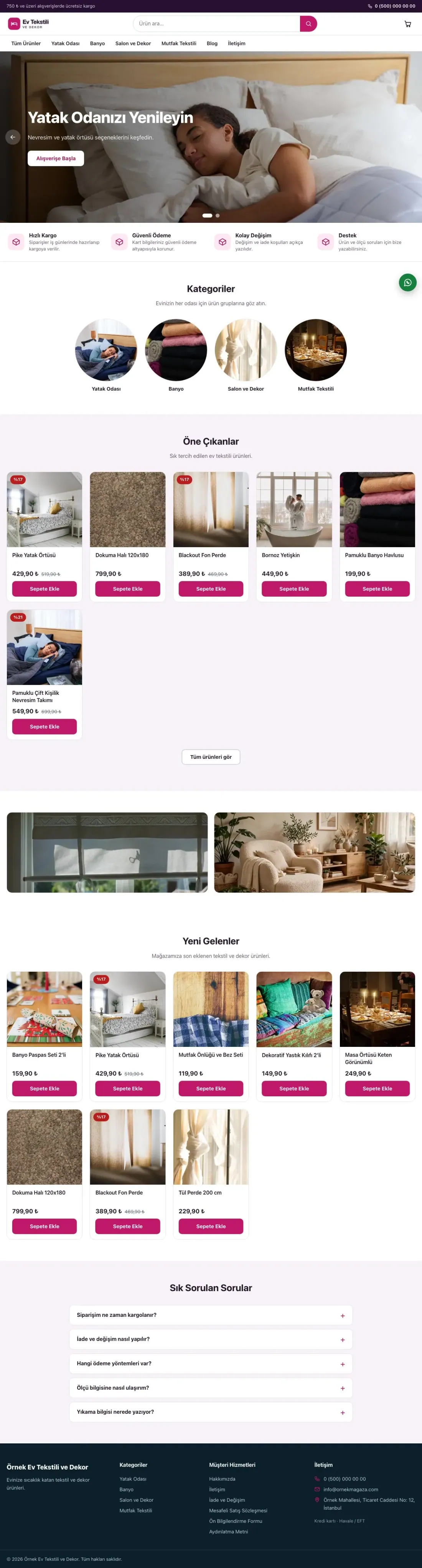 Ev Tekstili ve Dekor Mağazası için Vitrin Mor Pembe – Ev Tekstili ve Dekor Mağazası E-ticaret Sitesi ana sayfa görünümü