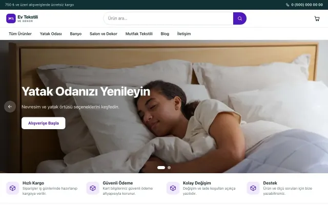 Ev Tekstili ve Dekor Mağazası için Vitrin Petrol Mor – Ev Tekstili ve Dekor Mağazası E-ticaret Sitesi ana sayfa görünümü