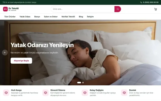 Ev Tekstili ve Dekor Mağazası için Vitrin Yeşil Pembe – Ev Tekstili ve Dekor Mağazası E-ticaret Sitesi ana sayfa görünümü
