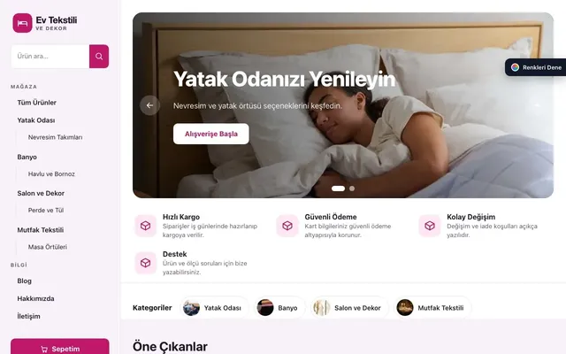 Ev Tekstili ve Dekor Mağazası için Yan Menü Mor Pembe – Ev Tekstili ve Dekor Mağazası E-ticaret Sitesi ana sayfa görünümü
