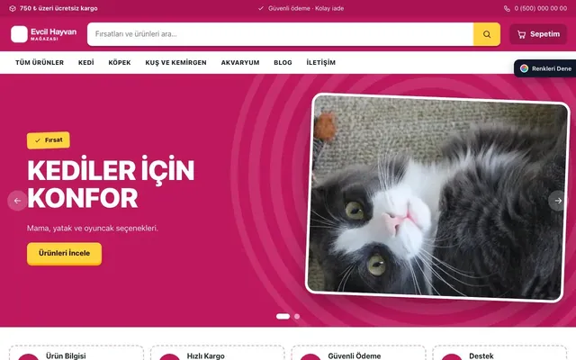 Evcil Hayvan Ürünleri için Kampanya Mavi Pembe – Evcil Hayvan Ürünleri E-ticaret Sitesi ana sayfa görünümü