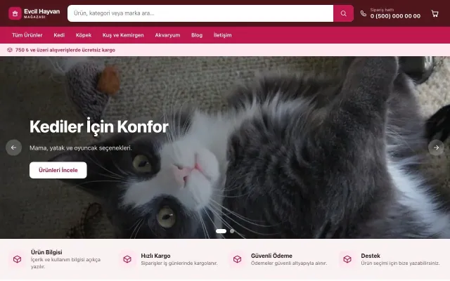 Market Bordo Pembe – Evcil Hayvan Ürünleri E-ticaret Sitesi ana sayfa görünümü
