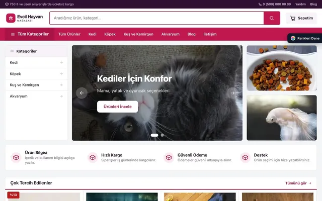 Evcil Hayvan Ürünleri için Pazar Yeri Mor Pembe – Evcil Hayvan Ürünleri E-ticaret Sitesi ana sayfa görünümü