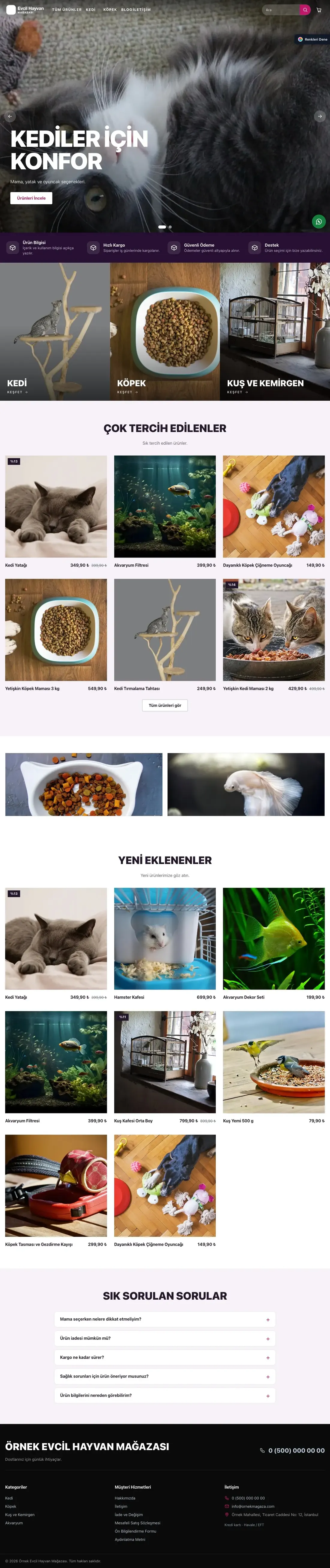 Evcil Hayvan Ürünleri için Sahne Mor Pembe – Evcil Hayvan Ürünleri E-ticaret Sitesi ana sayfa görünümü