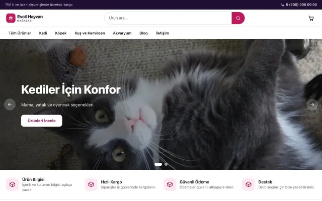 Vitrin Mor Pembe – Evcil Hayvan Ürünleri E-ticaret Sitesi ana sayfa görünümü