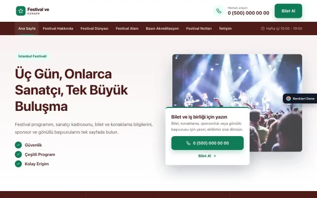 Festival ve Konser için Bölünmüş Bordo Turkuaz – Festival ve Konser Web Sitesi ana sayfa görünümü