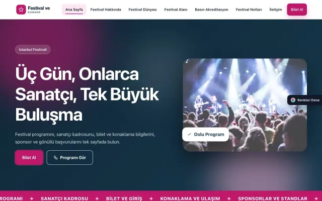 Festival ve Konser için Hareketli Mavi Pembe – Festival ve Konser Web Sitesi ana sayfa görünümü