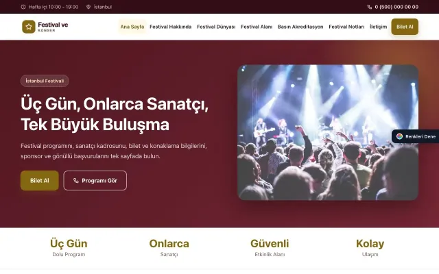 Festival ve Konser için Klasik Bordo Amber – Festival ve Konser Web Sitesi ana sayfa görünümü