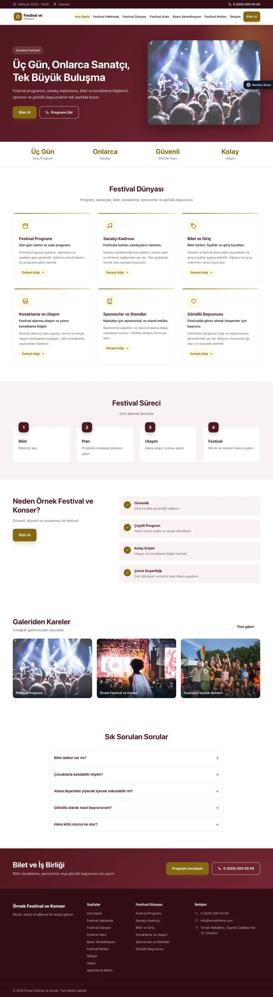 Festival ve Konser için Klasik Bordo Amber – Festival ve Konser Web Sitesi ana sayfa görünümü