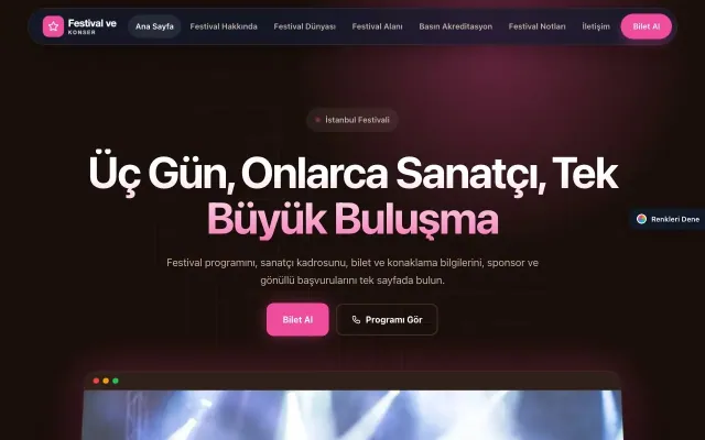 Festival ve Konser için Koyu Modern Kahve Pembe – Festival ve Konser Web Sitesi ana sayfa görünümü