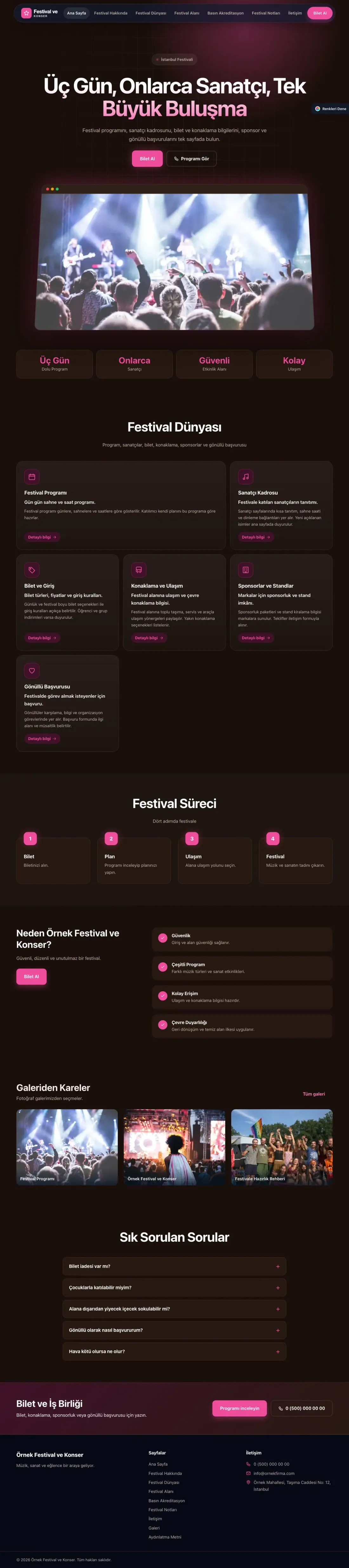 Festival ve Konser için Koyu Modern Kahve Pembe – Festival ve Konser Web Sitesi ana sayfa görünümü