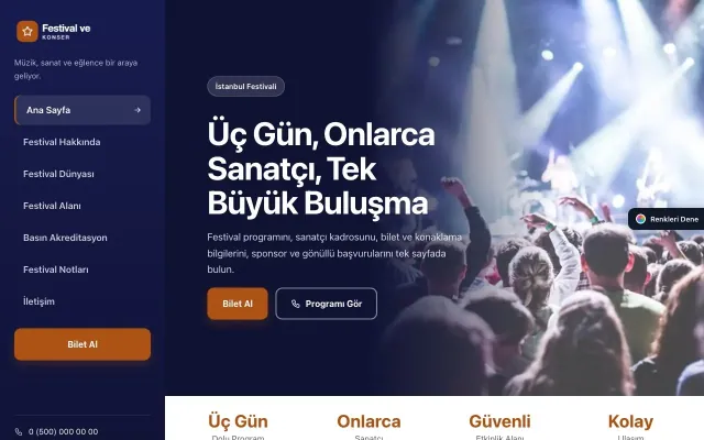 Festival ve Konser için Sol Menü Lacivert Turuncu – Festival ve Konser Web Sitesi ana sayfa görünümü