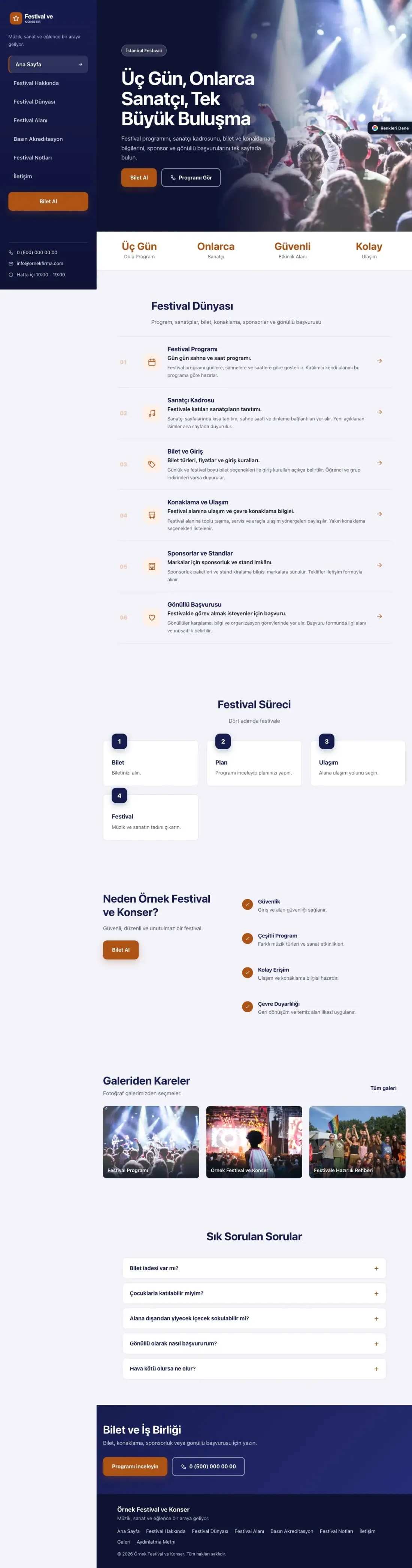 Festival ve Konser için Sol Menü Lacivert Turuncu – Festival ve Konser Web Sitesi ana sayfa görünümü