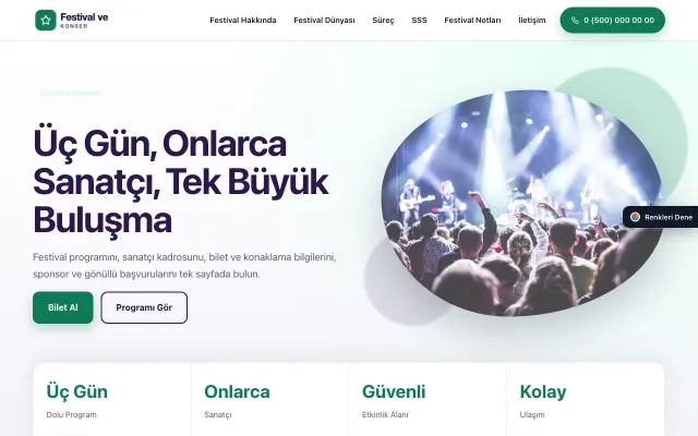 Festival ve Konser için Tek Sayfa Mor Turkuaz – Festival ve Konser Web Sitesi ana sayfa görünümü