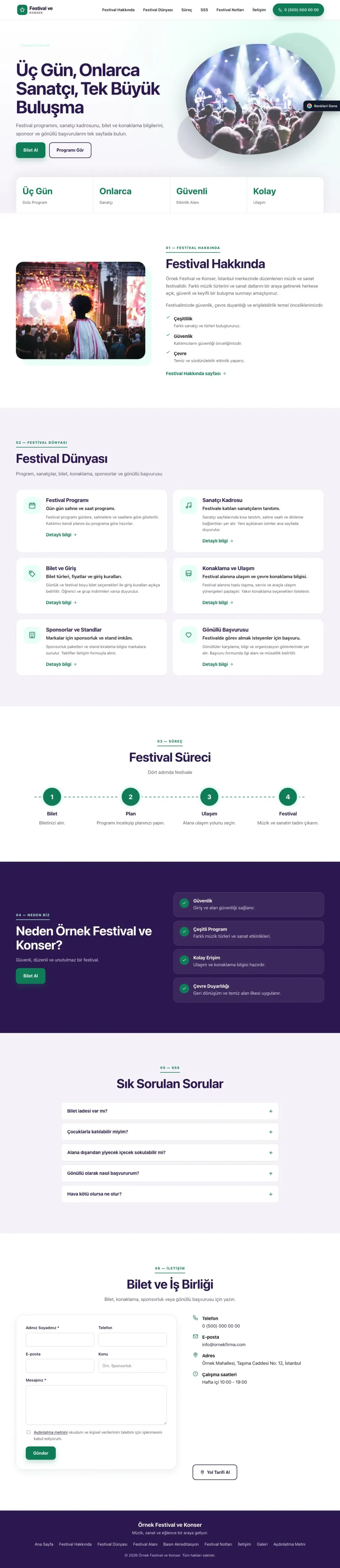 Festival ve Konser için Tek Sayfa Mor Turkuaz – Festival ve Konser Web Sitesi ana sayfa görünümü