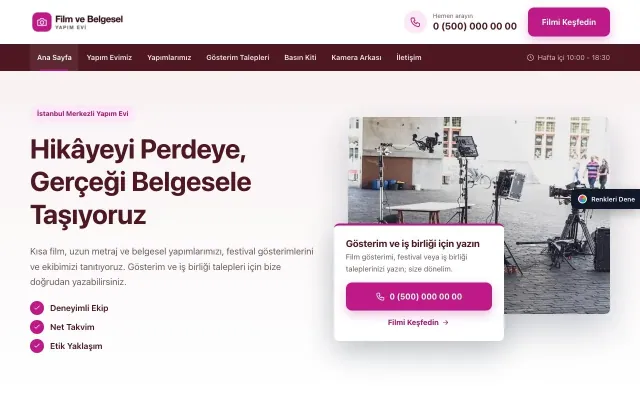 Film ve Belgesel Tanıtımı için Bölünmüş Bordo Pembe – Film ve Belgesel Tanıtımı Web Sitesi ana sayfa görünümü
